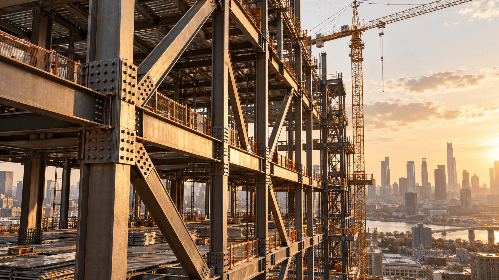 Steel building frame with bolted connections and construction cranes overlooking a city at sunset