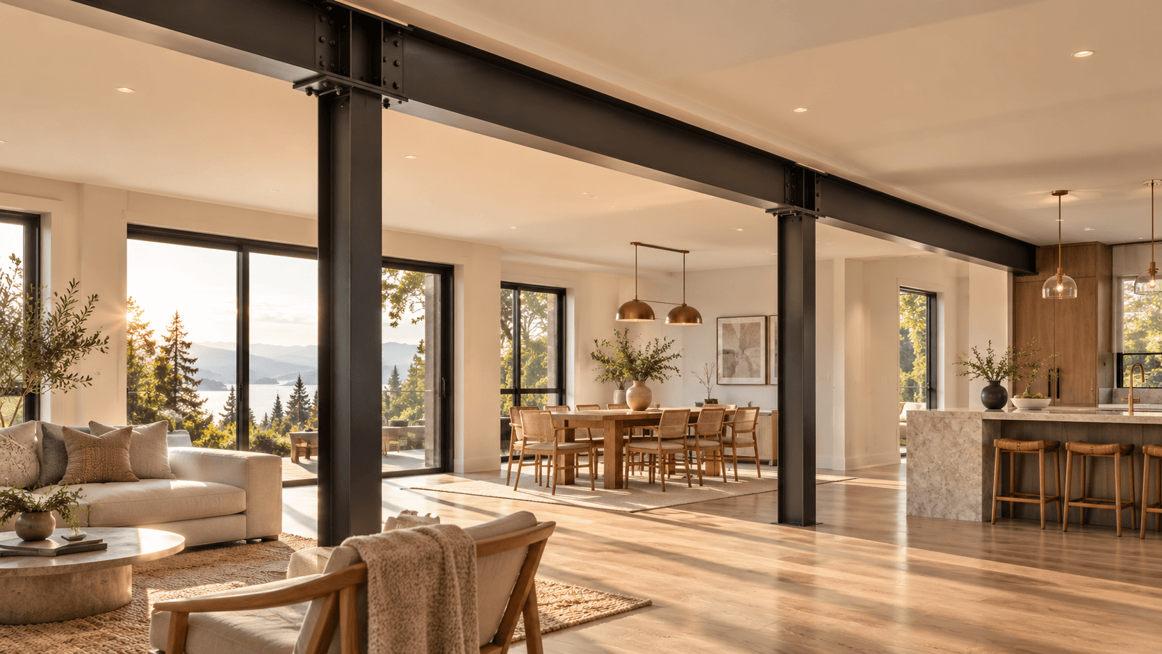 The same open-plan room with exposed dark steel beams and columns.