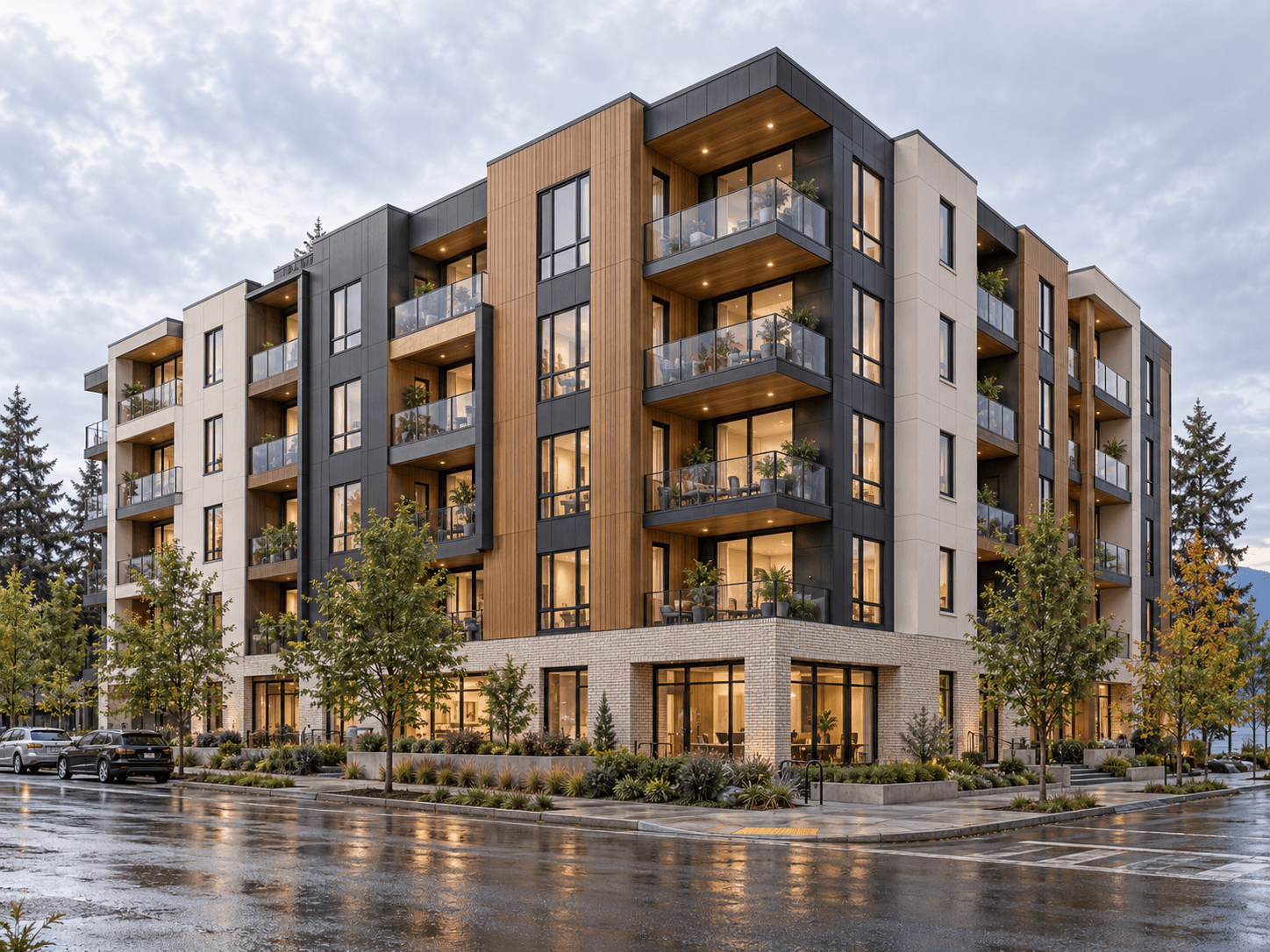Five-storey multi-family building concept with charcoal metal, light panels, warm wood-look cladding and a masonry base.