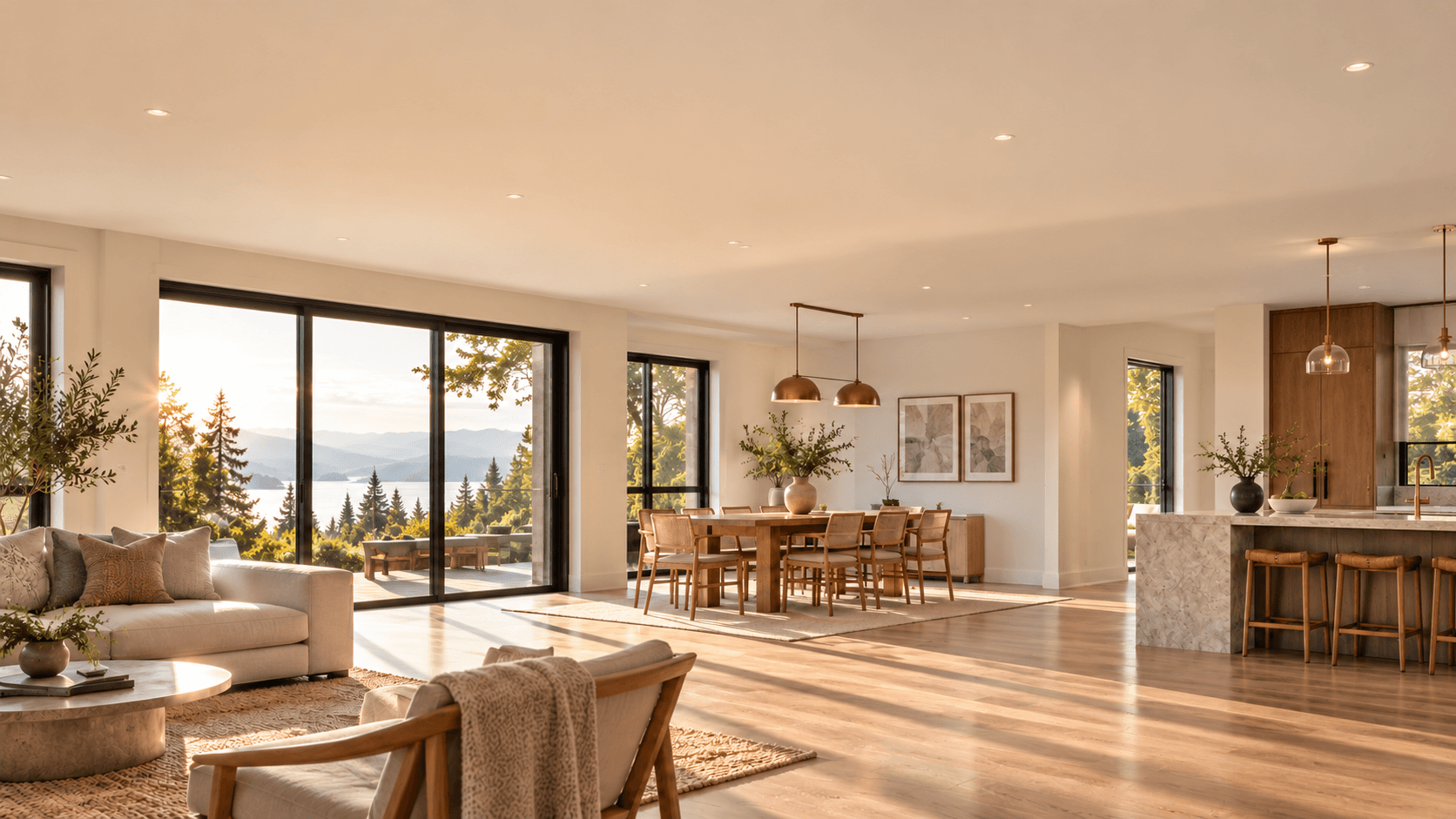 Finished open-plan living and dining space with a continuous ceiling and no visible beams or columns.