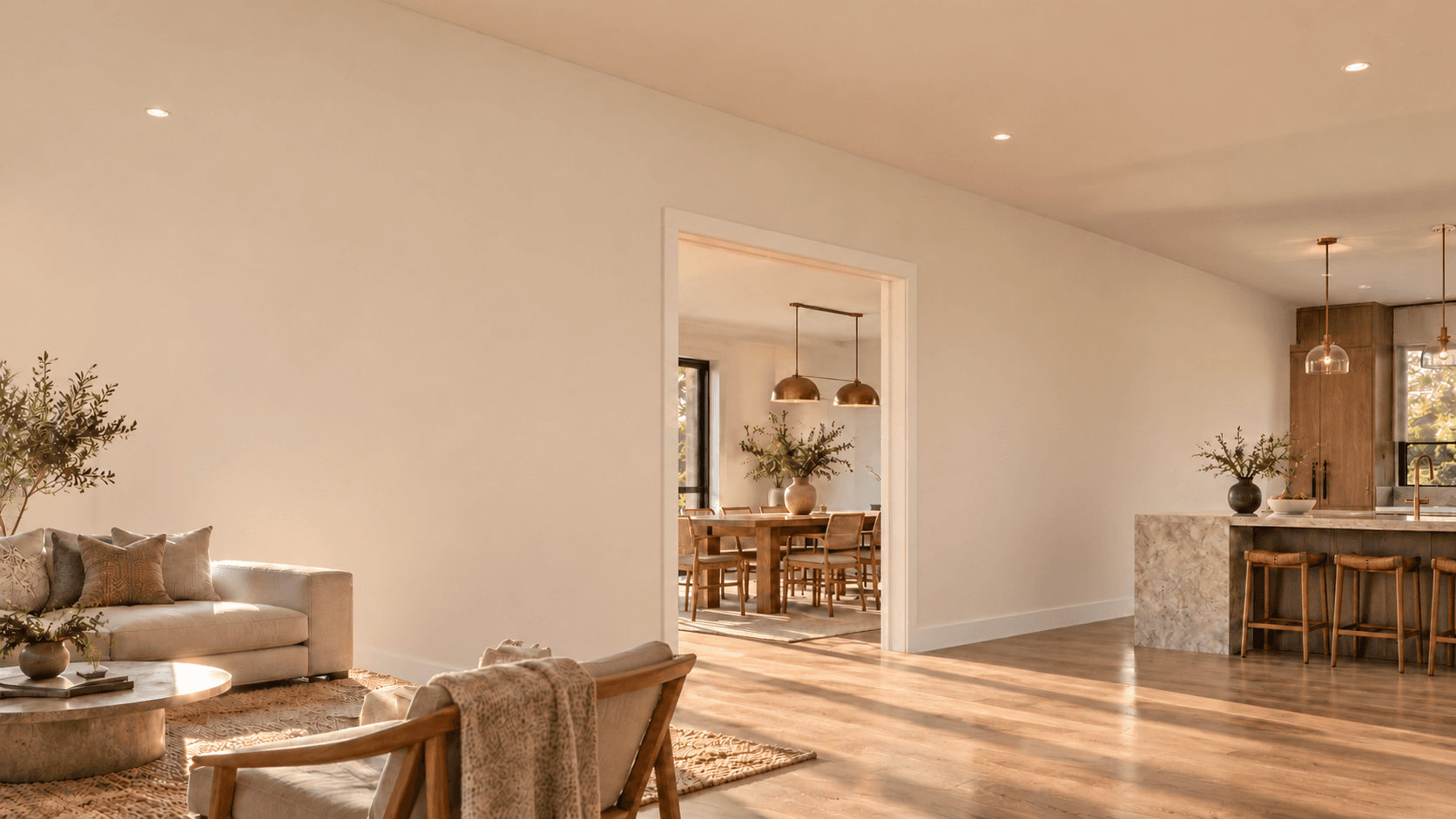Living room separated from the dining area by a finished white wall with a doorway.