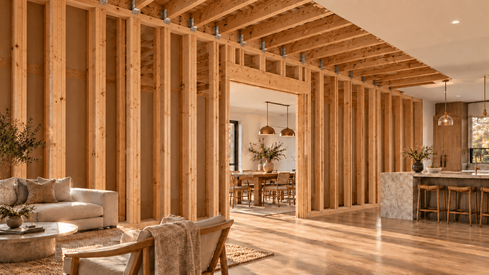 The same room with timber wall studs, doorway framing and ceiling joists exposed.