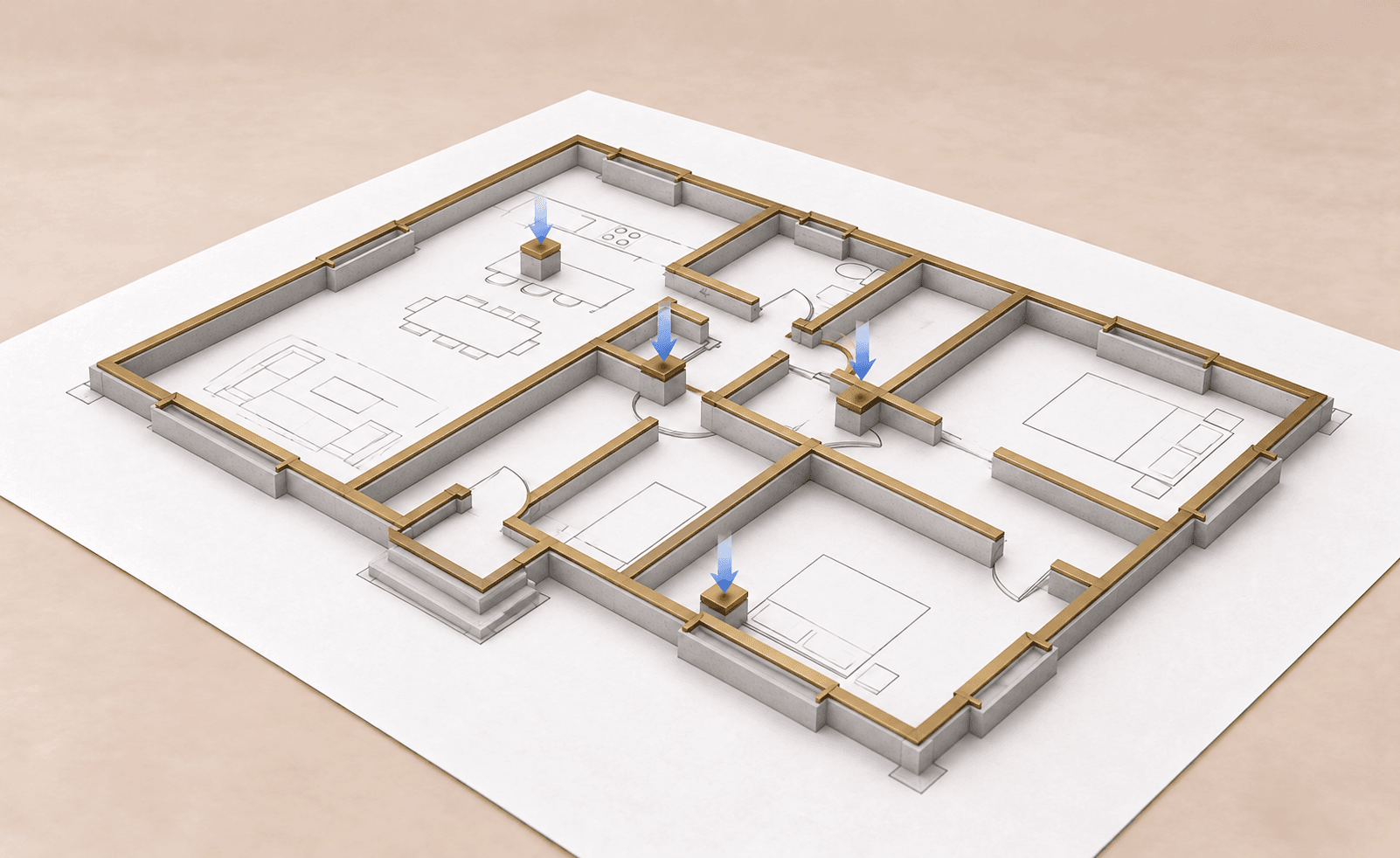 Concept model highlighting the house foundations and structural support layout.