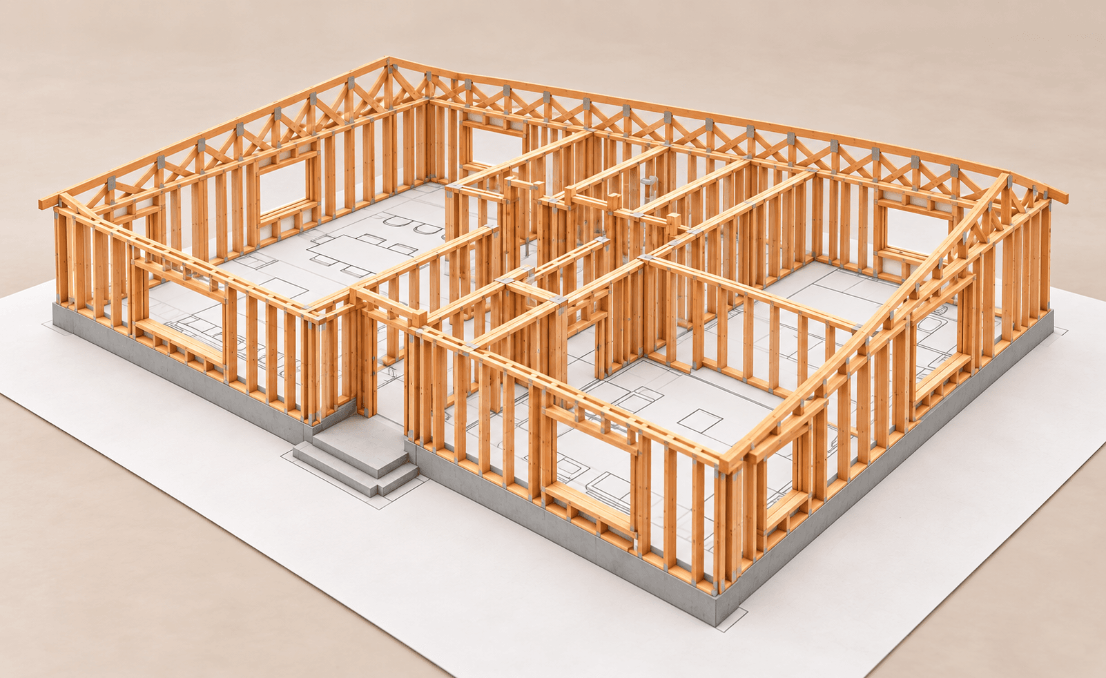 Exposed full-height timber studs and roof framing rising from the same house plan, without sheathing.