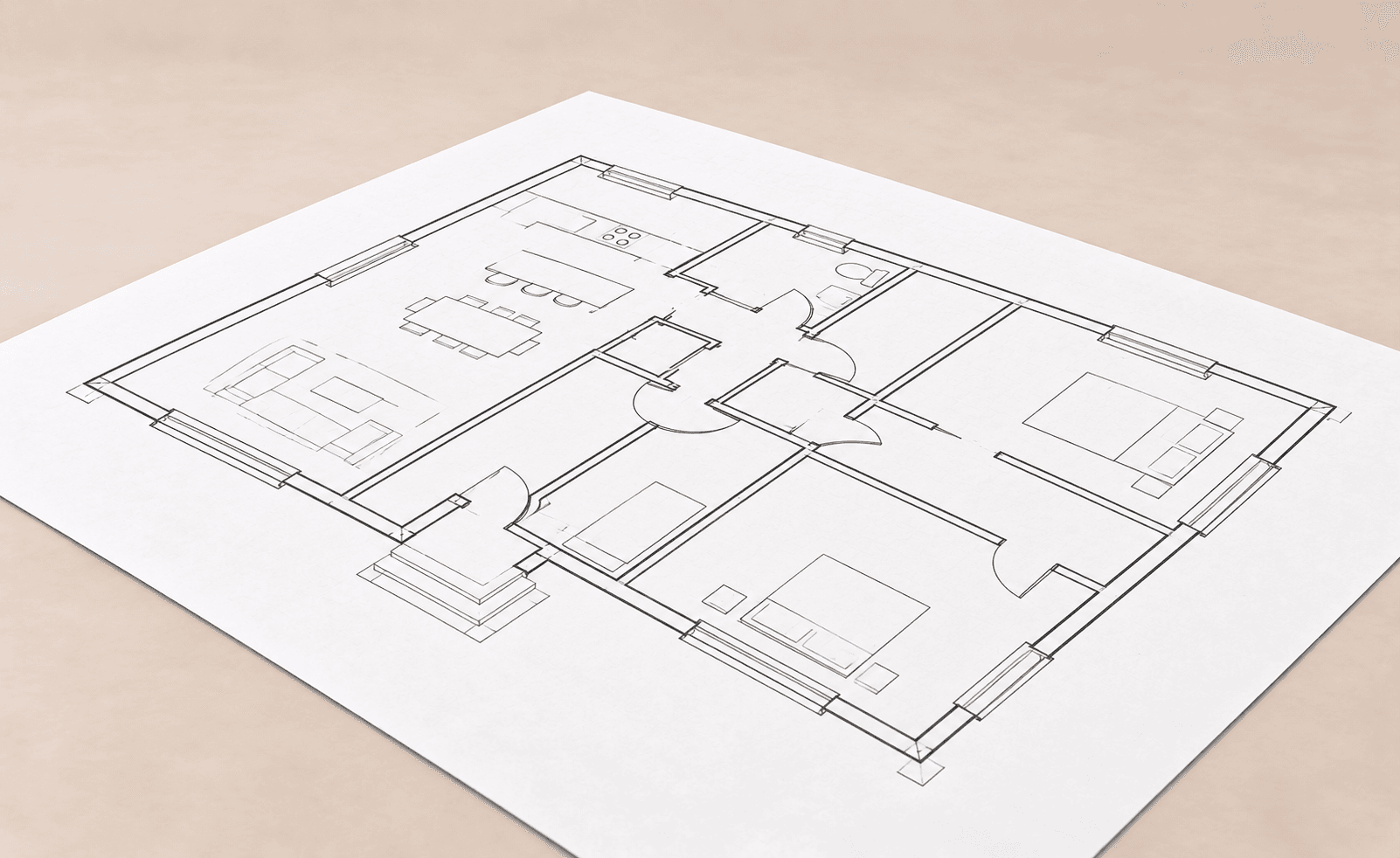 Flat architectural plan of a small single-storey house viewed from a low front corner.